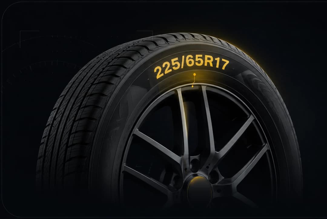 A car tire with the size 225/65R17 highlighted on its sidewall, where the numbers are moulded in.